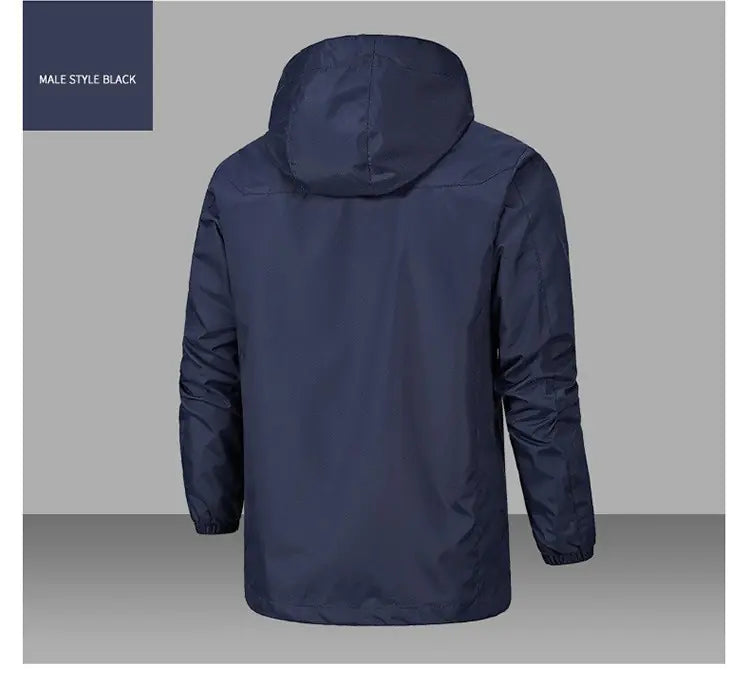 Back view of the men's waterproof windbreaker jacket, showing the seamless design and stylish fit for any casual outdoor occasion.