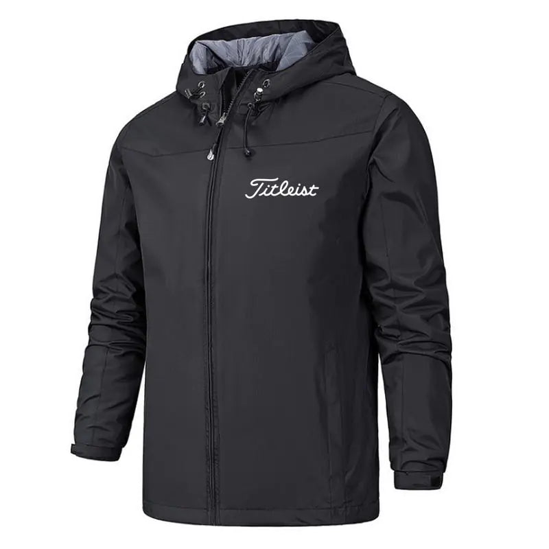 Men's waterproof windbreaker jacket in black, front view, showcasing the sleek design and water-resistant material.