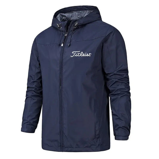 Men's waterproof windbreaker jacket in blue, front view, showcasing the sleek design and water-resistant material.