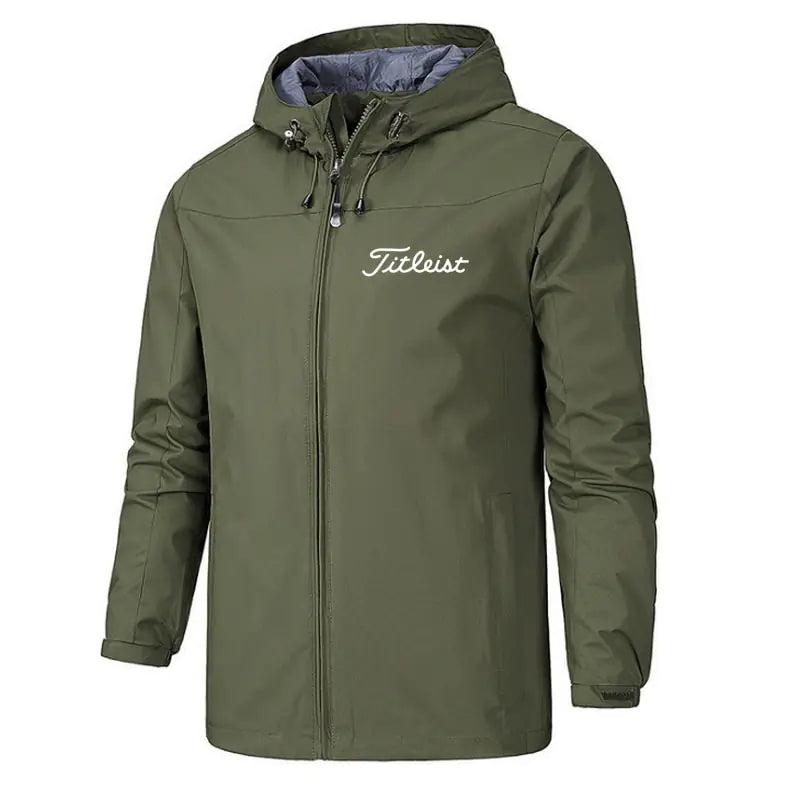 Close-up of the men's olive green waterproof windbreaker jacket, highlighting the zipper and durable, weather-resistant fabric