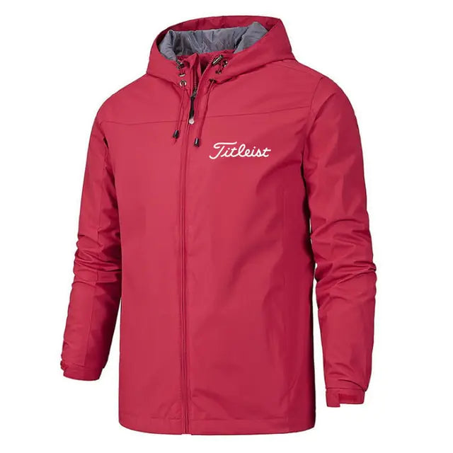 Men's waterproof windbreaker jacket in red, featuring a breathable and lightweight design perfect for outdoor activities.