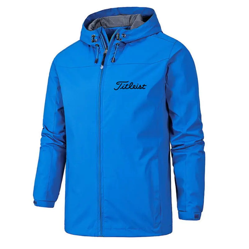  Men's waterproof windbreaker jacket worn during spring weather, offering full protection against wind and light rain while staying breathable.