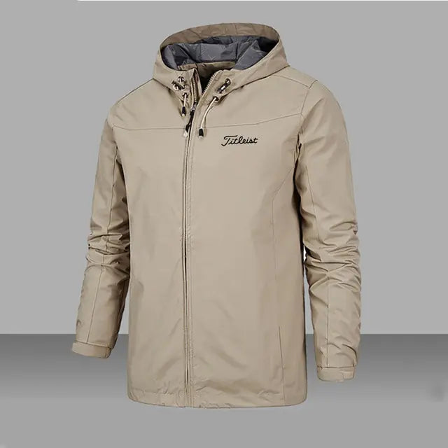 Men's waterproof windbreaker jacket in khaki featuring a breathable and lightweight design perfect for outdoor activities.