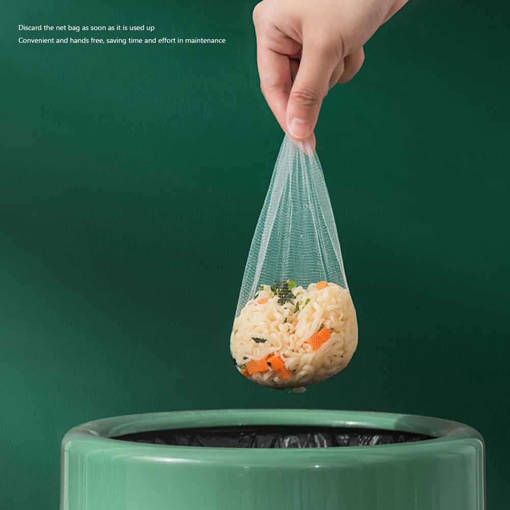 Durable mesh sink trash catcher net with holder for easy waste disposal.