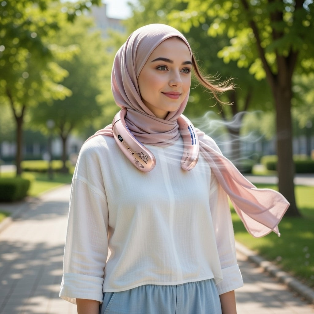 Portable USB rechargeable neck fan in Rose Pink with LED display, hands-free cooling