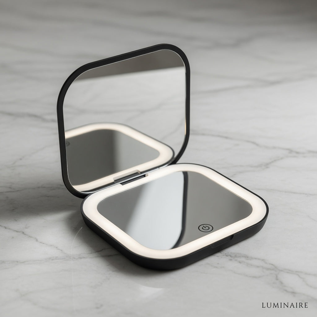 pocket size led mirrors black color, Compact mirror with LED lights on a marble surface.