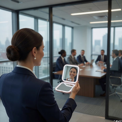 Woman in a suit using a handheld mirror in an office showing utility on daily bases.