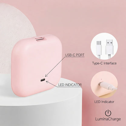 compact pocket mirror with labeled USB-C port, Type-C interface, LED indicator, and Lumina Charge feature on a pink background.