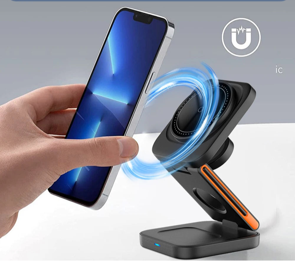 Compact foldable 3-in-1 wireless charger designed for fast and efficient charging.
