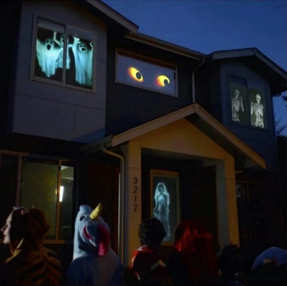 Spooky ghost holographic display projected on a window for a Halloween celebration.