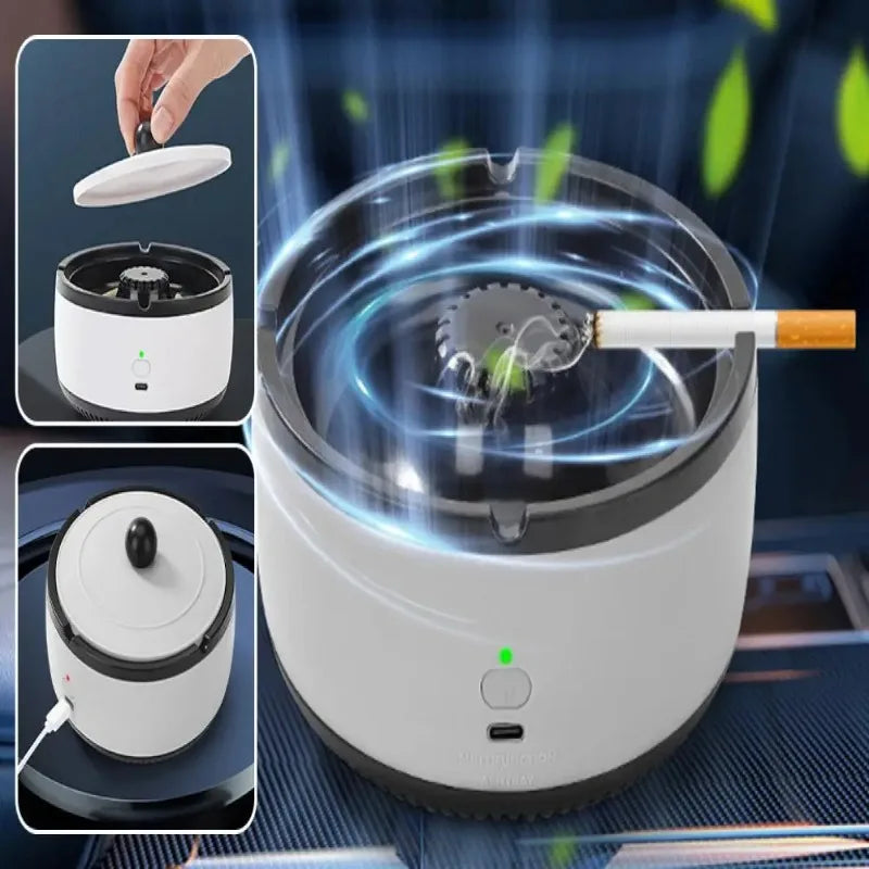 product view of rechargeable ashtray with air purifier.