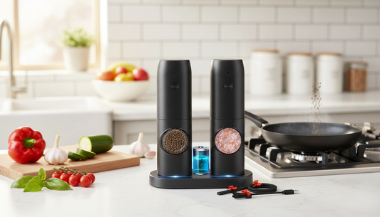 Two black salt and pepper grinders with additional items like charging cable, charging base and cleaning brush.