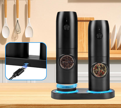 Black pepper and salt grinders with Type C charging port on charging base.