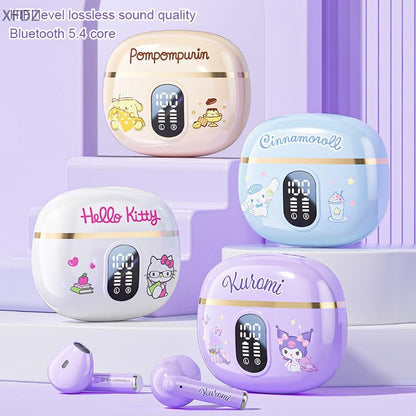 Set of sanrio-themed wireless earbuds with colorful cases and digital display