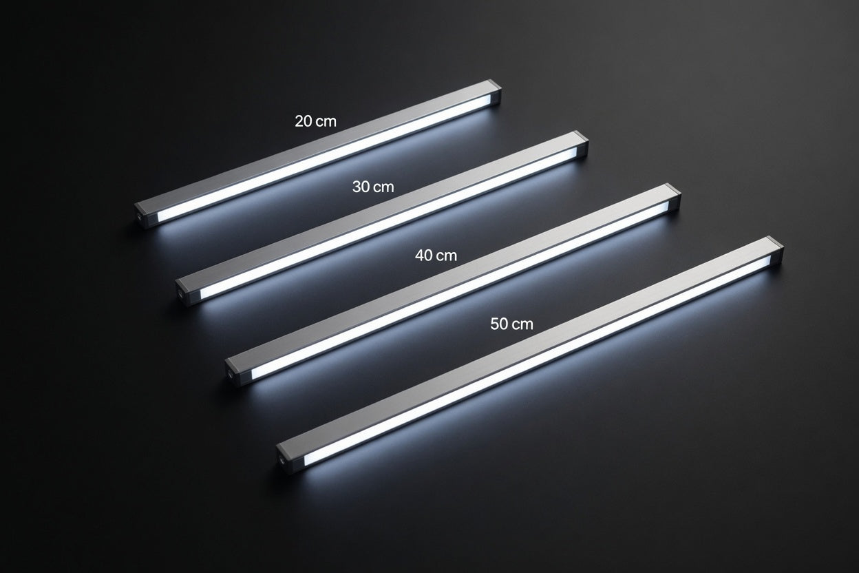 Set of four light  bars with measurements on a dark background