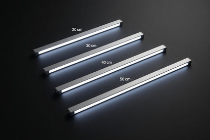 Set of four light  bars with measurements on a dark background