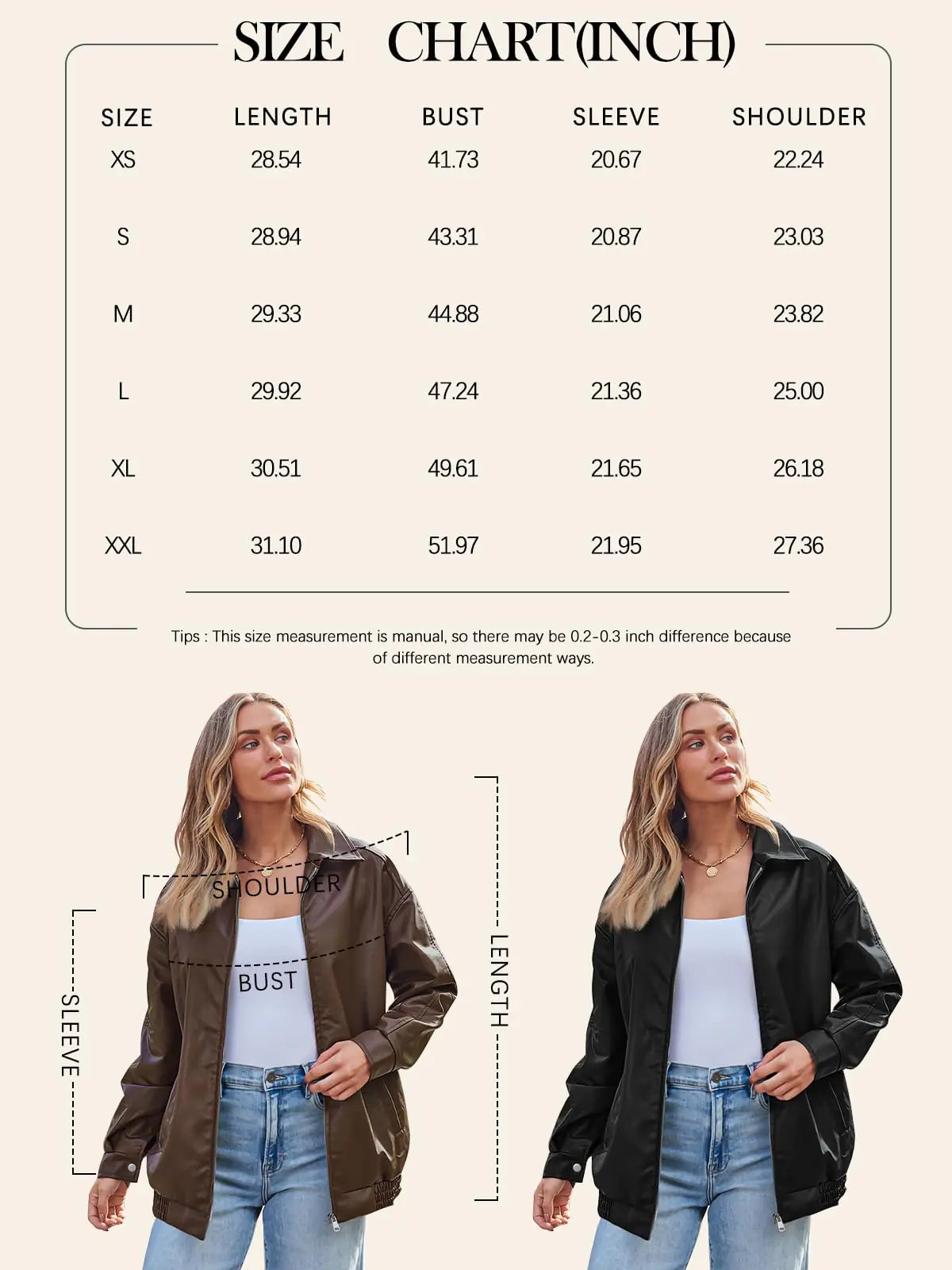 size chart of the faux suede material and detailing on the XXL women's leather jacket.
