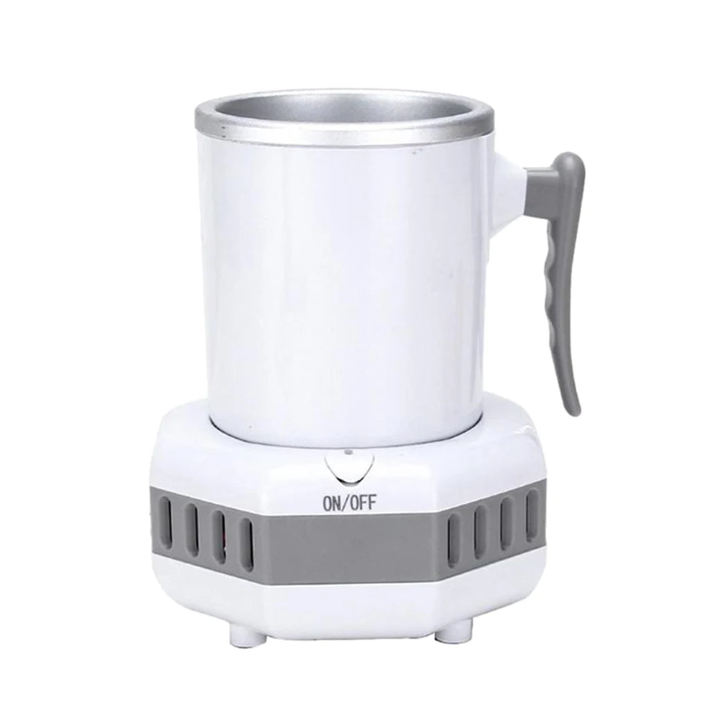 White electric mug refrigerator with a handle on a smart base