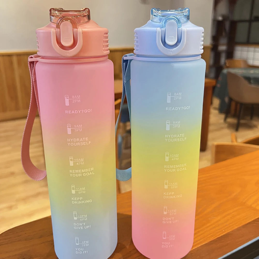 multicolor water bottle featuring a wide mouth for easy filling and cleaning.