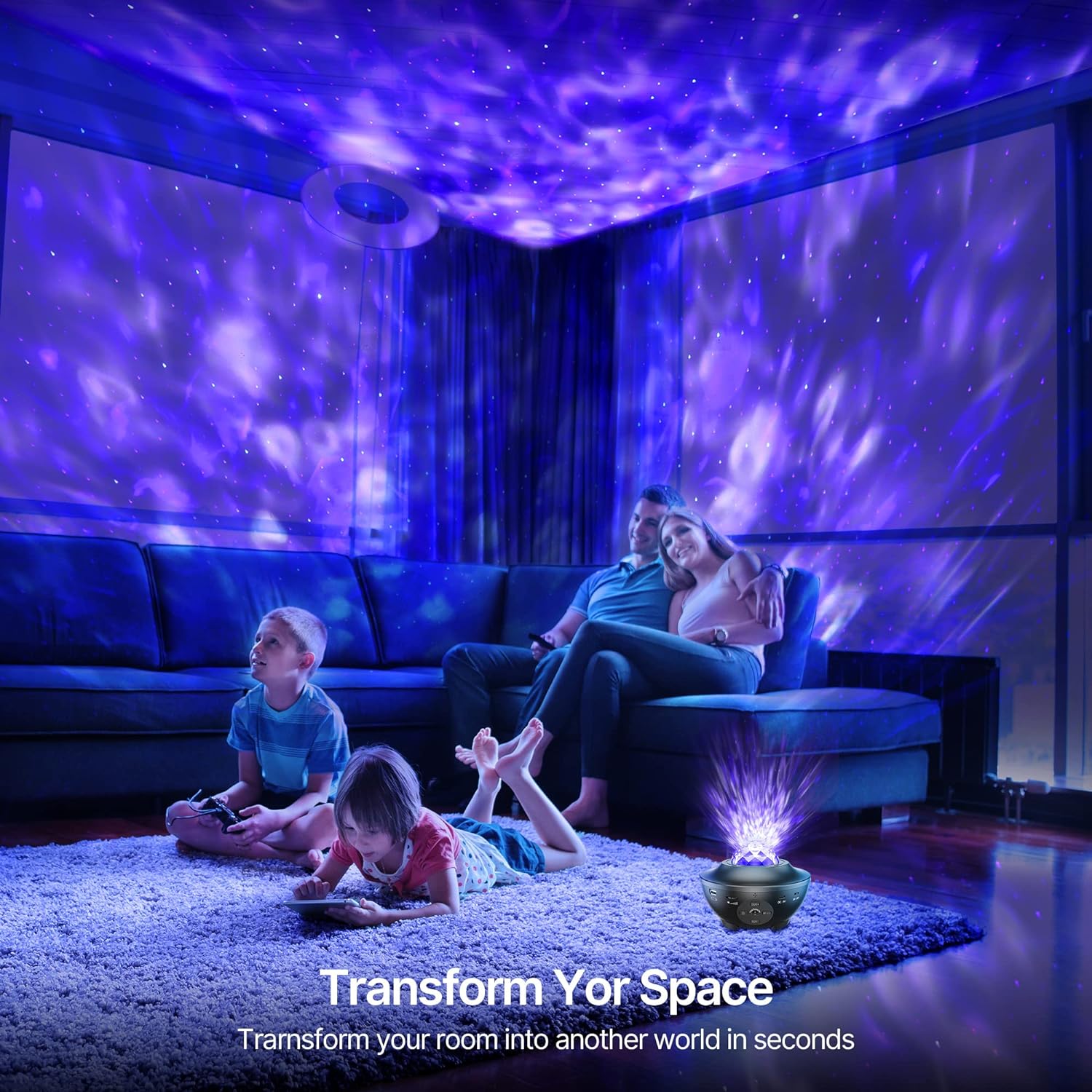 StellarGlow LED Galaxy Star Projector Lamp creating a starry night sky in a living room