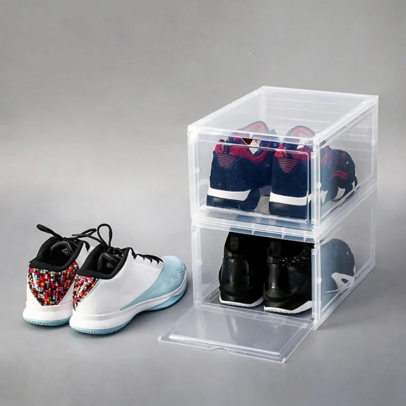 Front view of a vertical transparent shoe storage box with clear panels.
