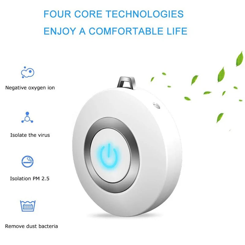 Front view of the USB Portable Wearable Air Purifier, showing its compact design and wearable features, ideal for on-the-go air purification.