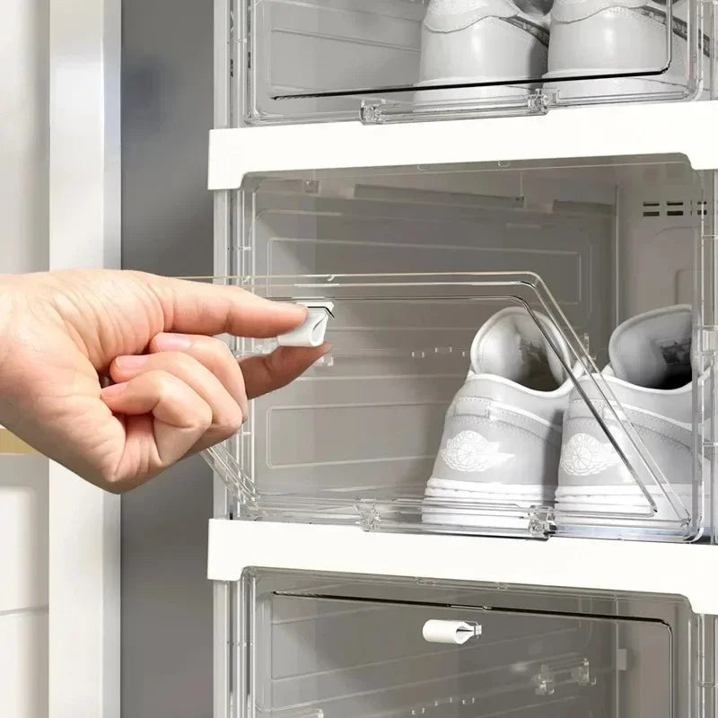 Open vertical shoe storage box showing the spacious interior.
