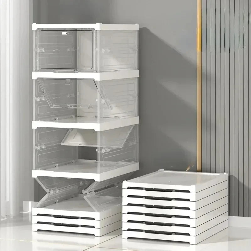 Front view of a vertical transparent shoe storage box with clear panels.
