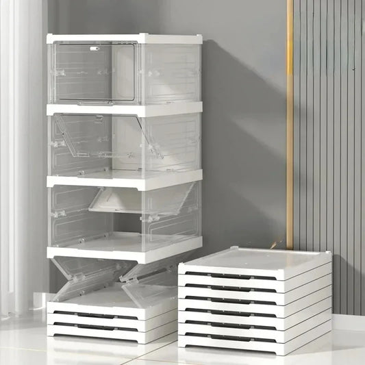 Front view of a vertical transparent shoe storage box with clear panels.
