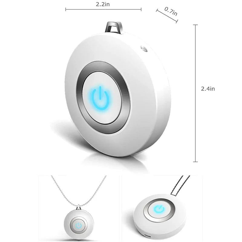 USB Portable Wearable Air Purifier worn around the neck, demonstrating its lightweight and comfortable design for continuous air purification.