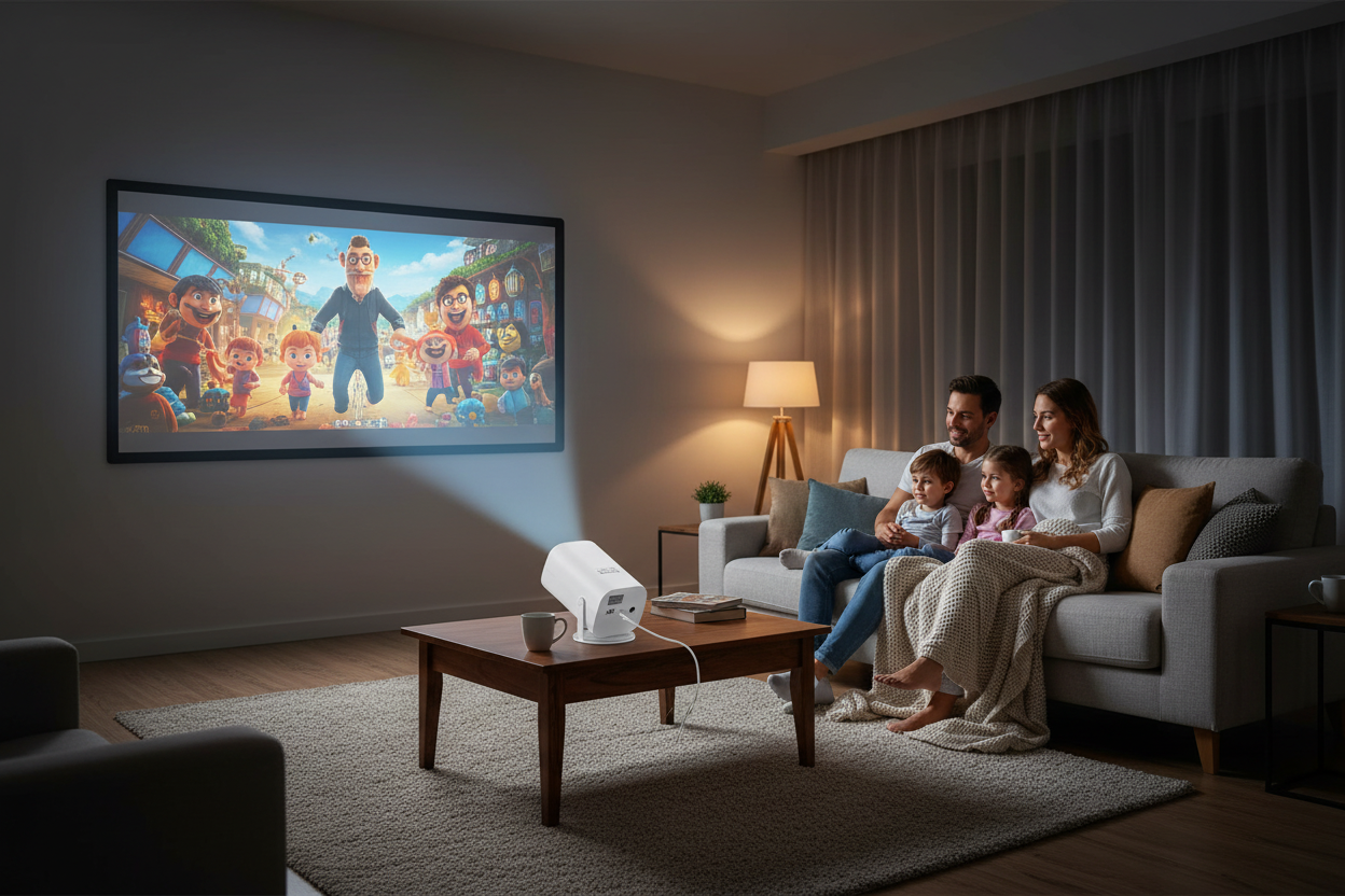 Family watching a movie or show on a large screen Portable projector  in a cozy living room.