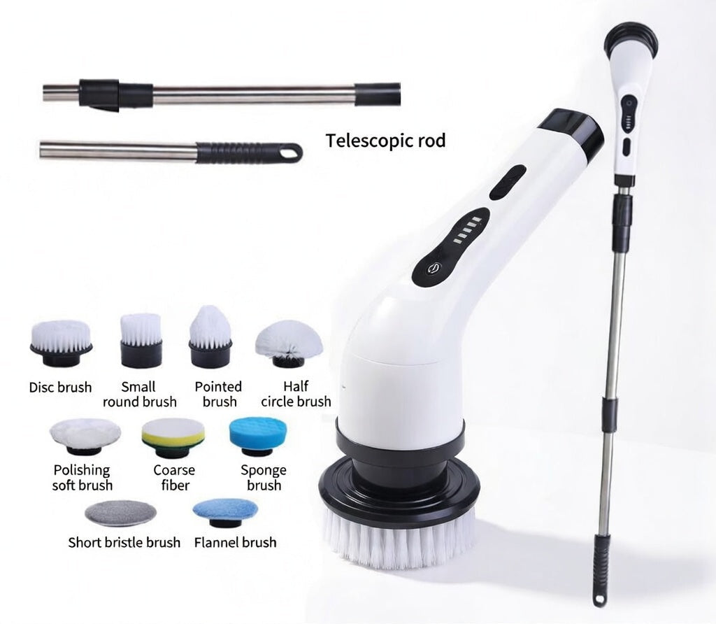 Cordless electric spin scrubber with telescopic rod and brush heads on a white background