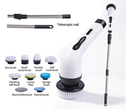 Cordless electric spin scrubber with telescopic rod and brush heads on a white background