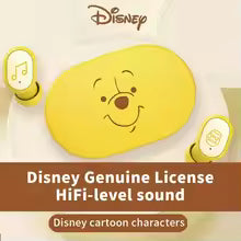 Yellow winnie pooh cartoon character with Disney logo and text about high-fidelity sound quality.