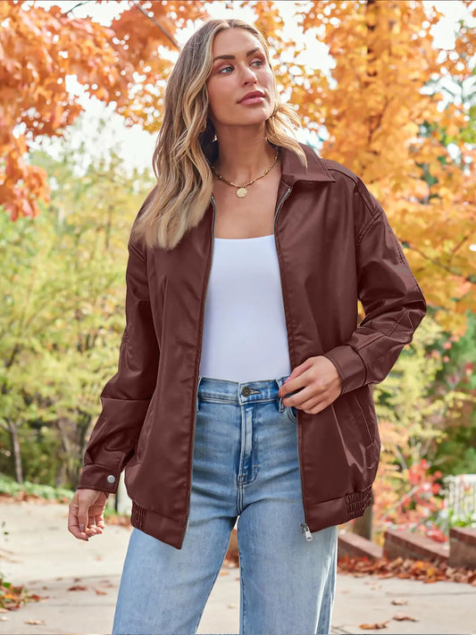 Front view of a women's oversized faux suede leather jacket in Wintered, perfect for fall and winter fashion.
